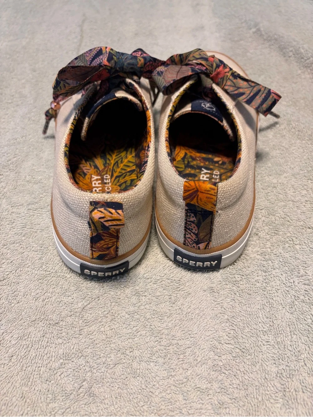 Sperry Beige Canvas Sneakers with Patterned Floral Ribbon Laces